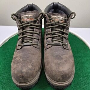 Skechers Waterproof Work Boots Men Size 12 Brown Leather Air Cooled Memory Foam